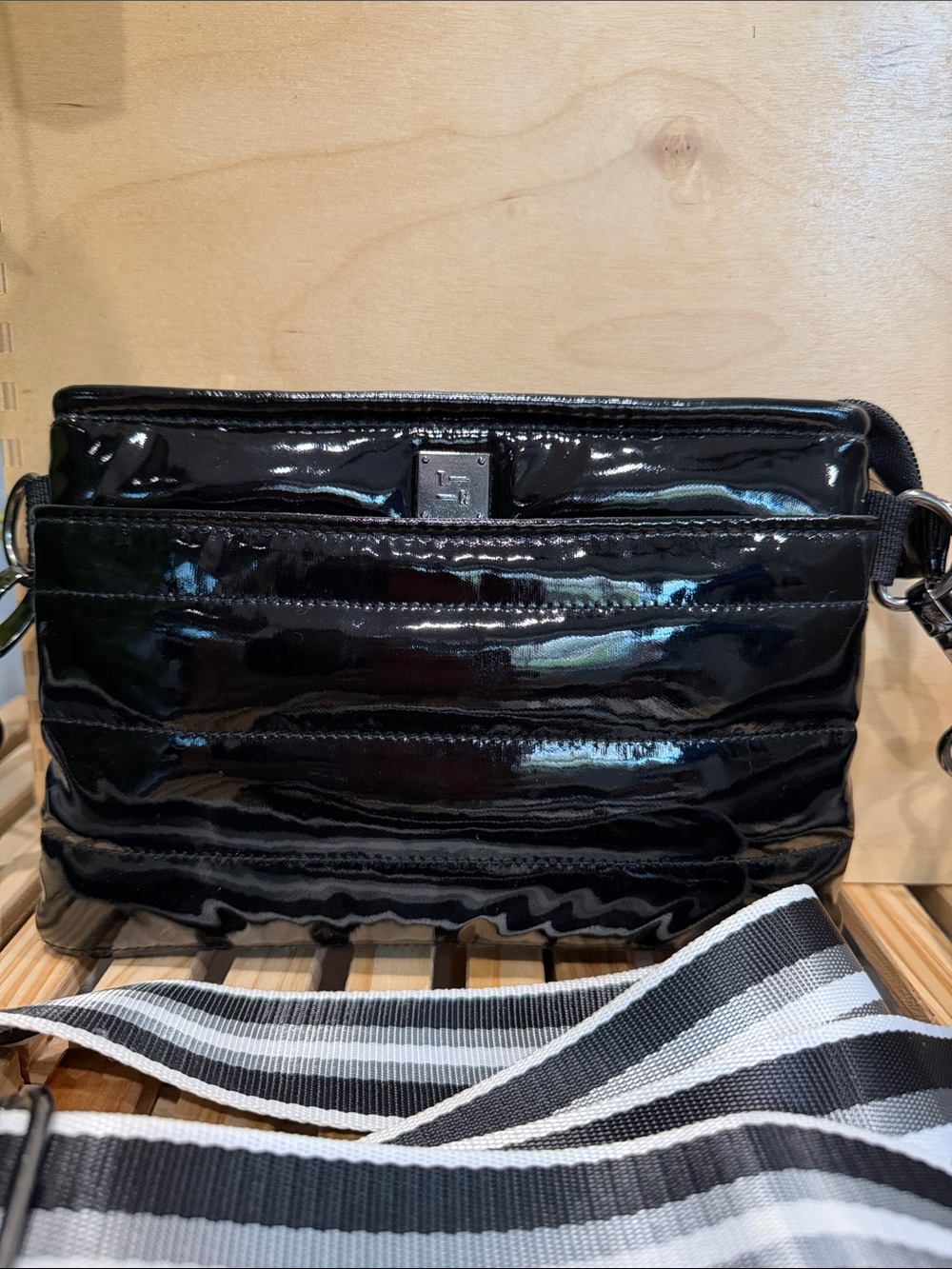 Think Royln Black Patent Quilted Crossbody Bag Striped Strap